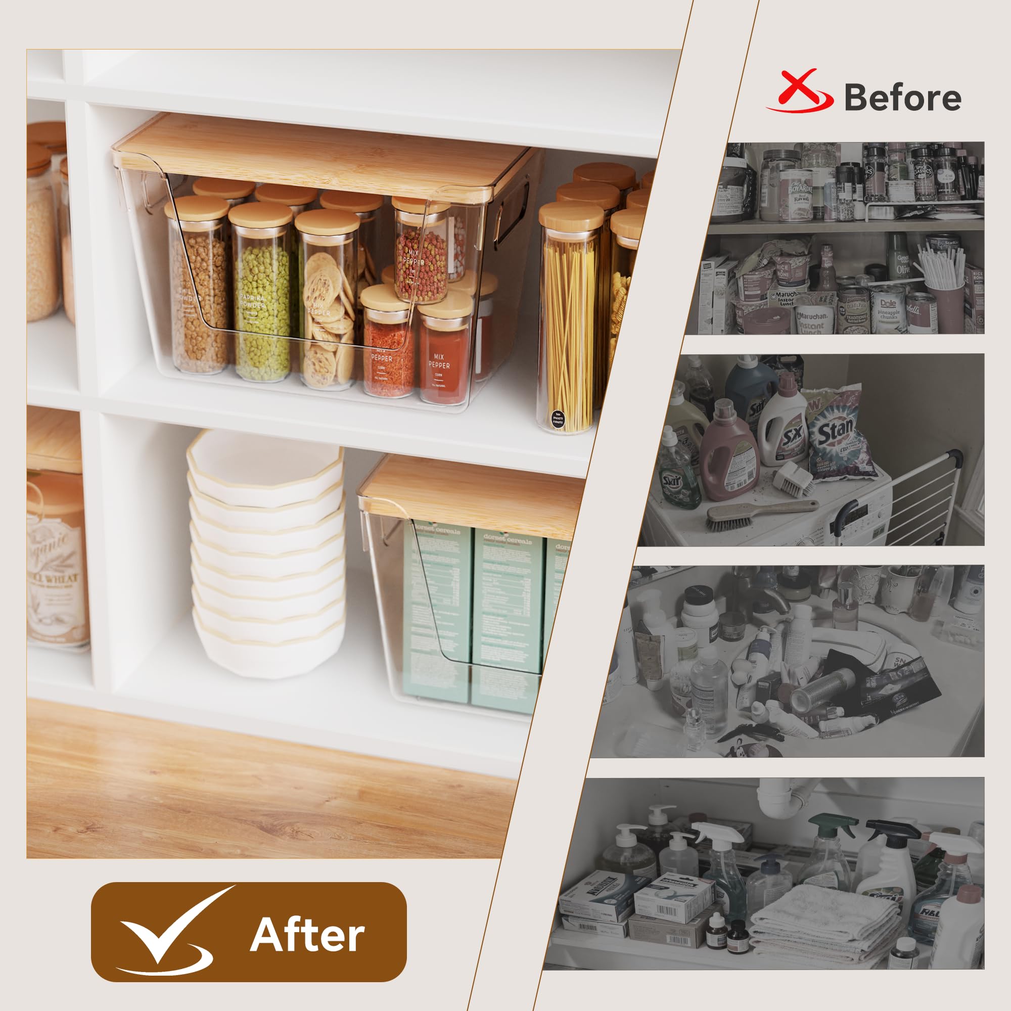 Stackable Clear Pantry Organizers with Bamboo Lids