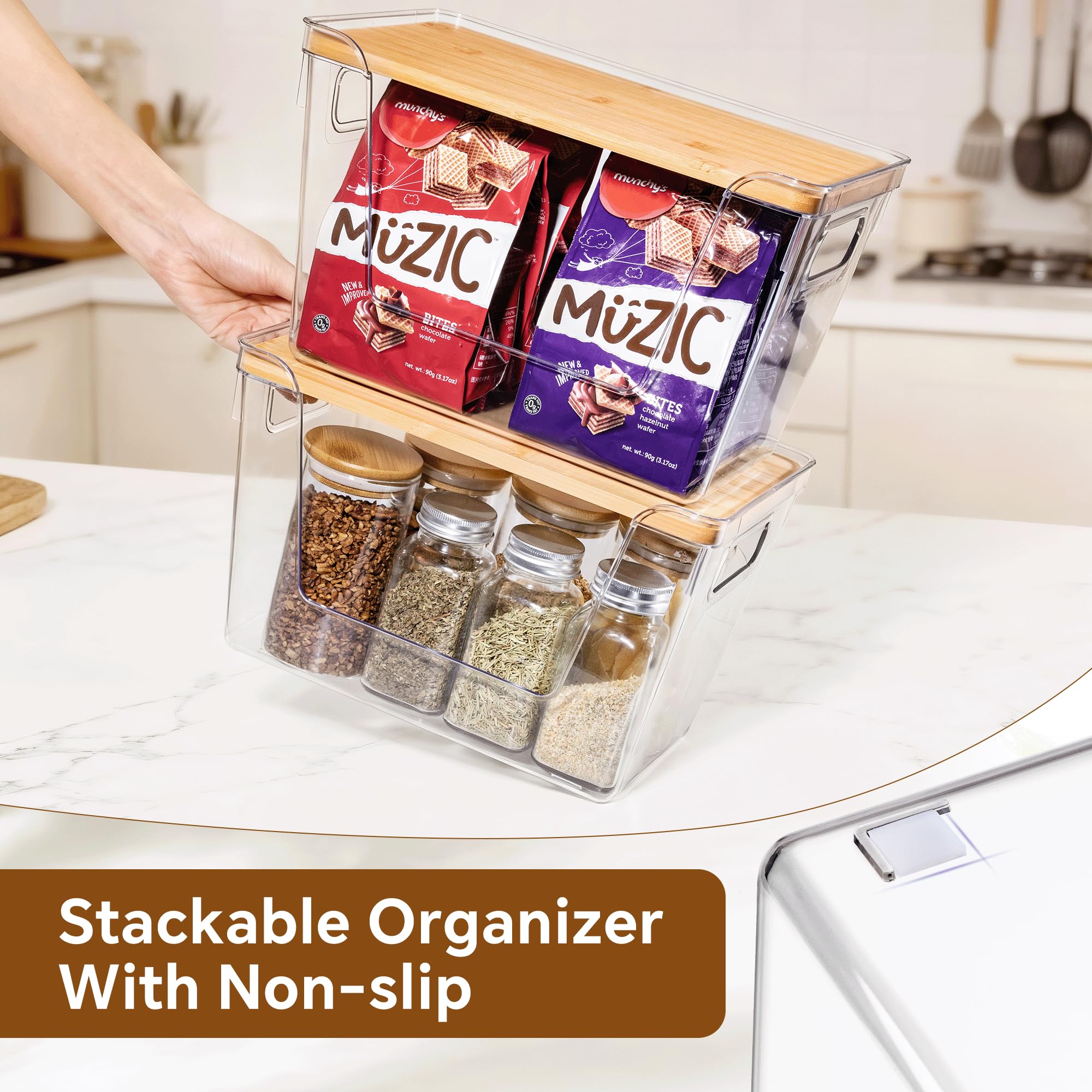 Stackable Clear Pantry Organizers with Bamboo Lids