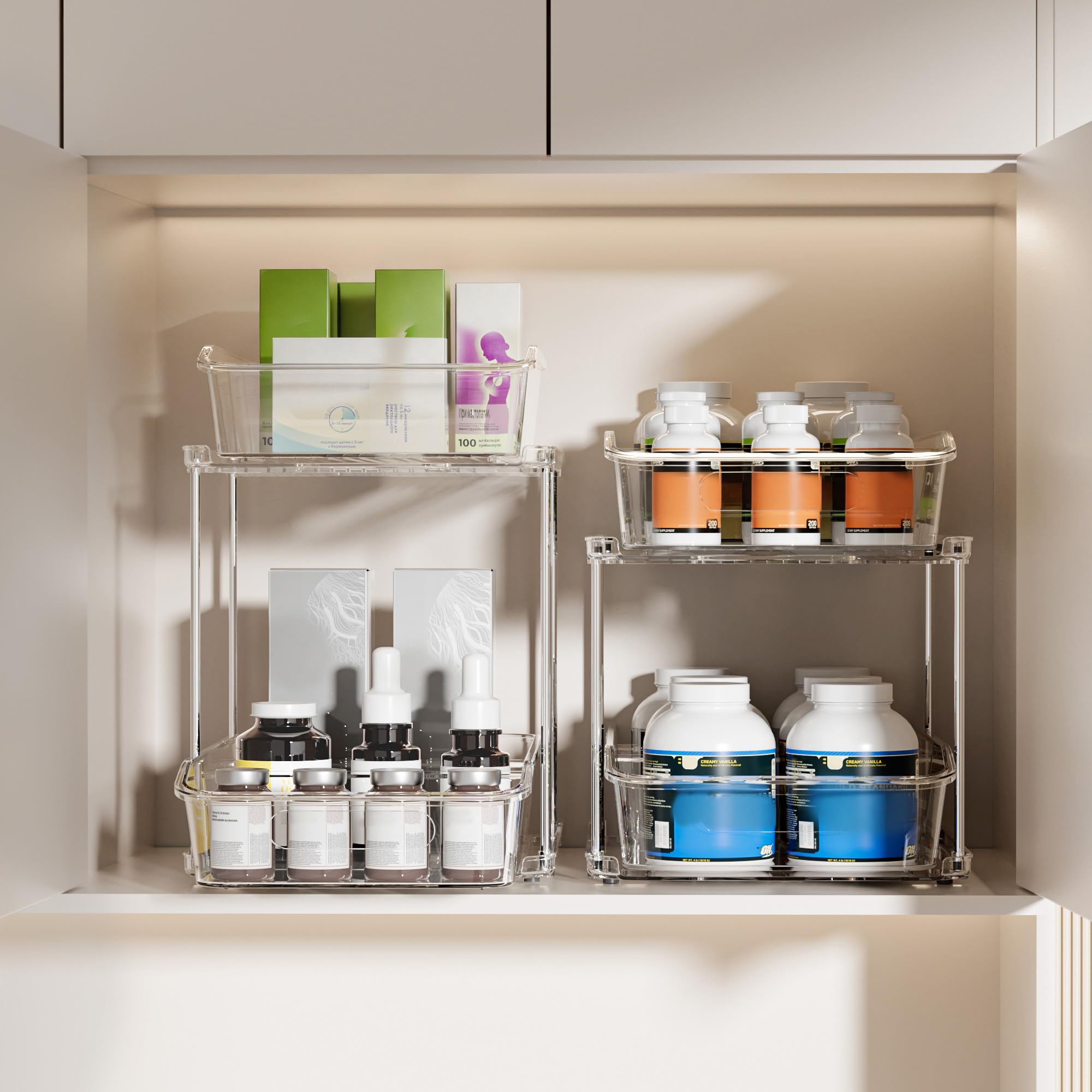 Stackable 2-Tier Pull-Out Cabinet Organizers