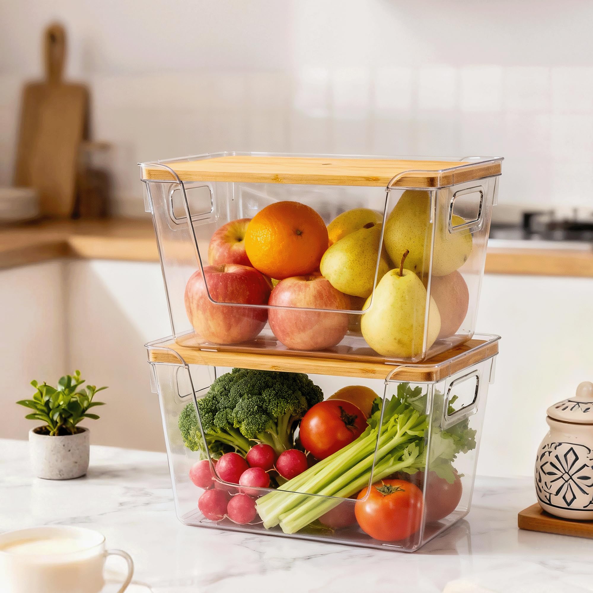 Stackable Clear Pantry Organizers with Bamboo Lids