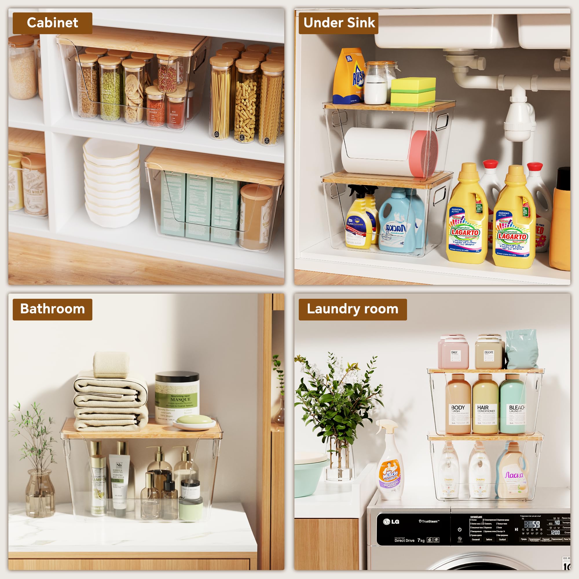 Stackable Clear Pantry Organizers with Bamboo Lids