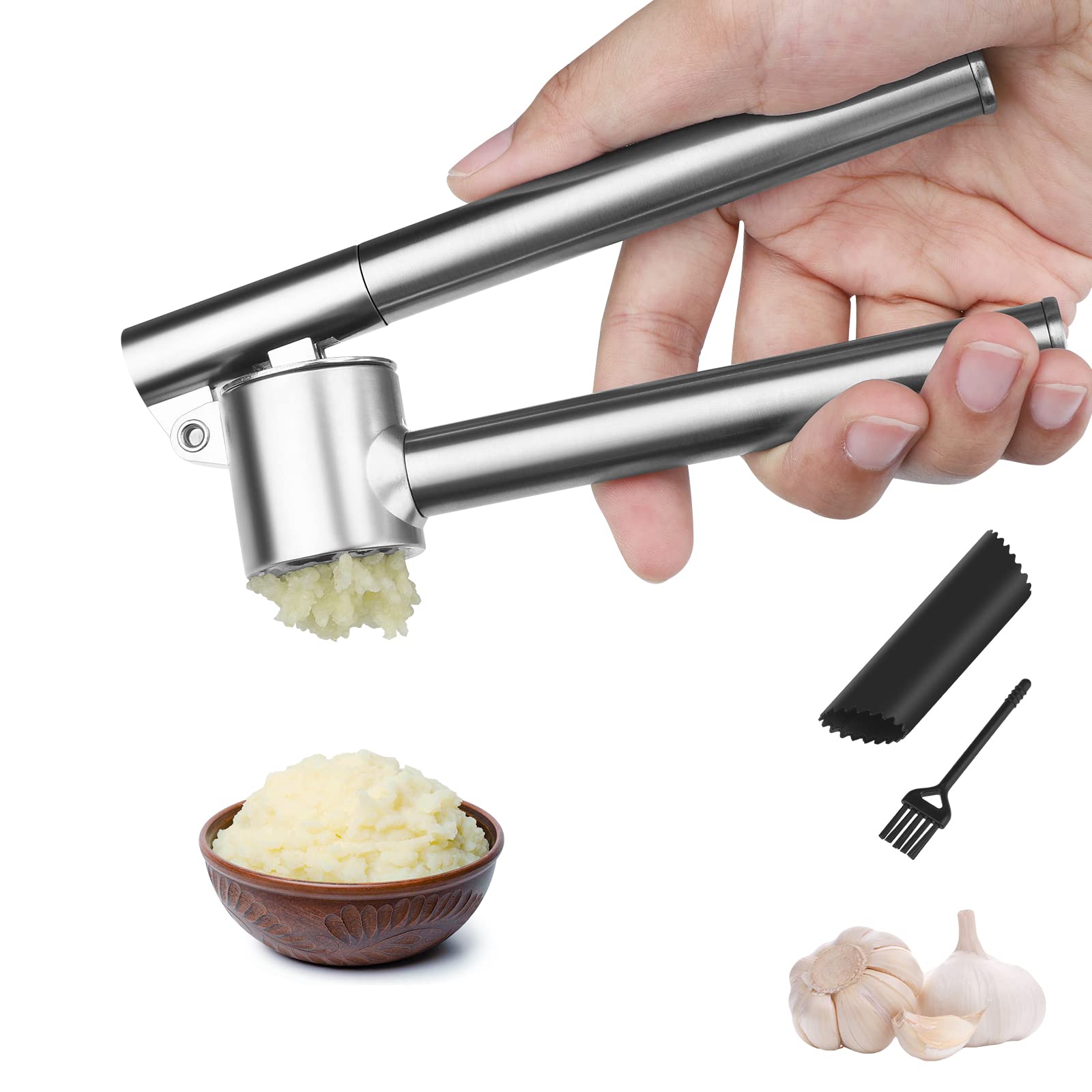 Stainless Steel Garlic Press Set with Peeler & Brush