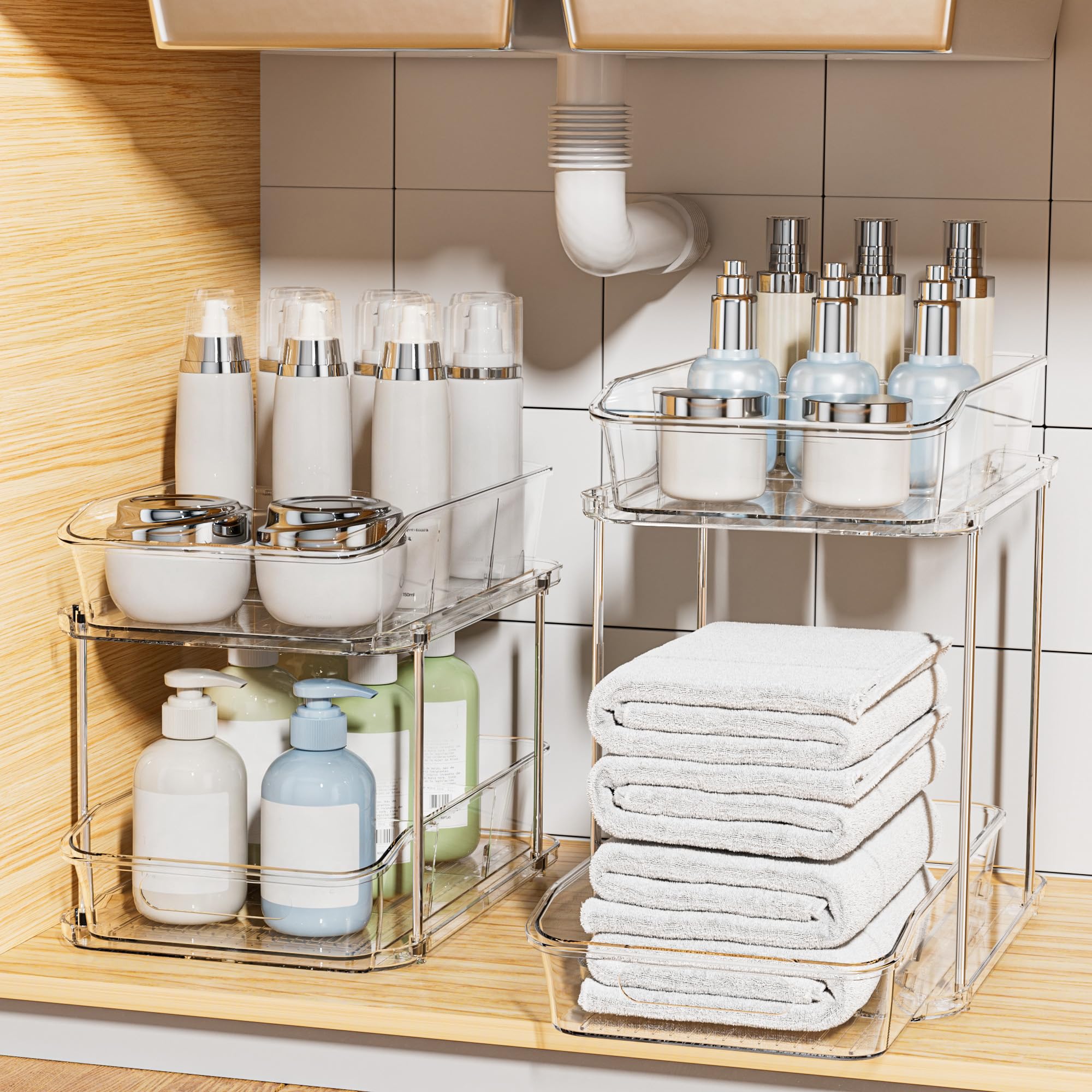 Stackable 2-Tier Pull-Out Cabinet Organizers