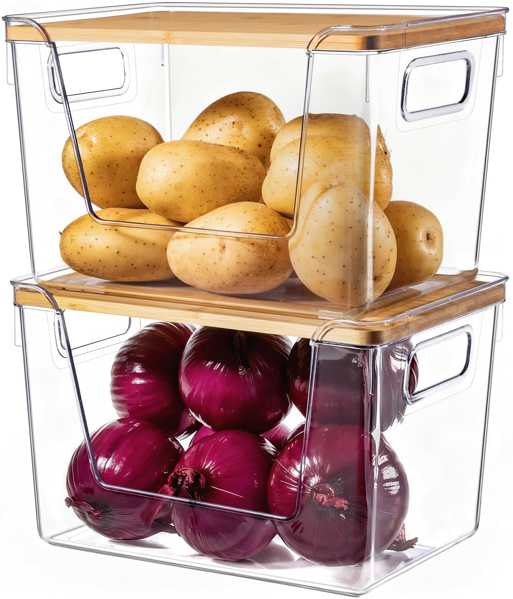 Stackable Clear Pantry Organizers with Bamboo Lids