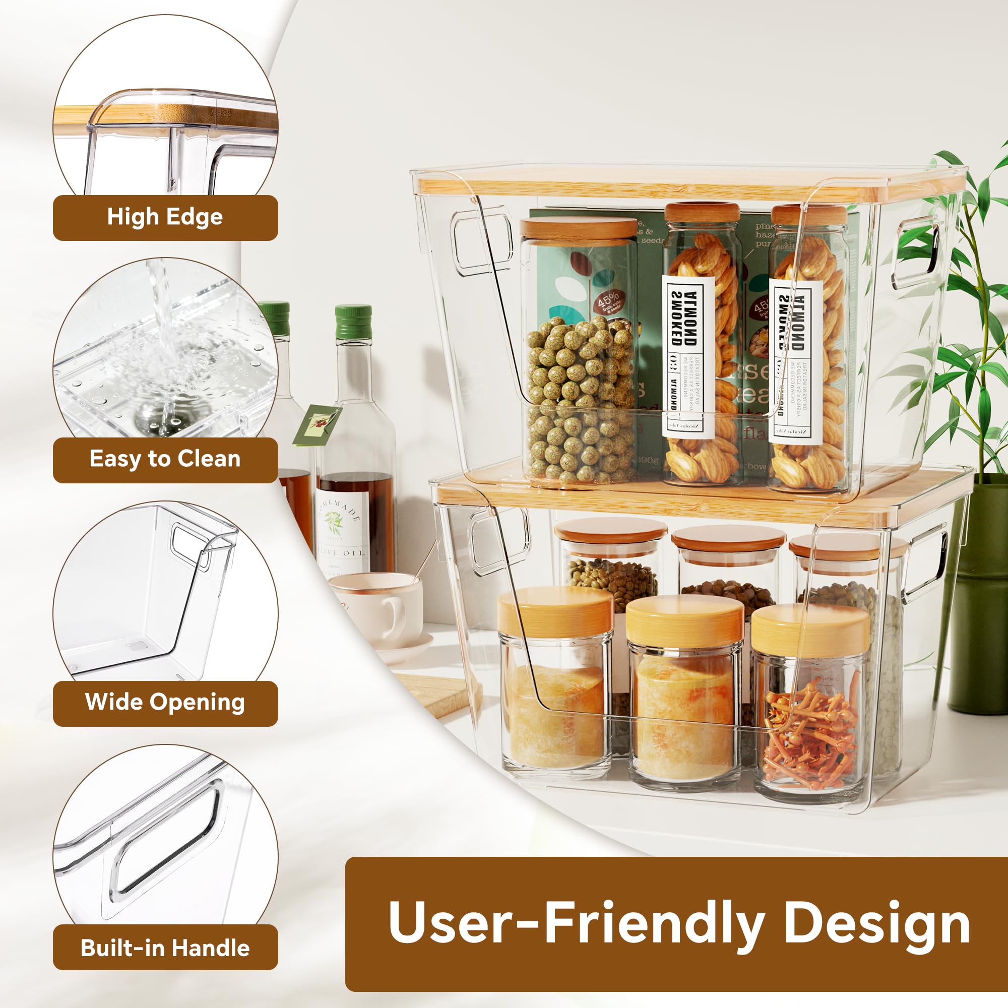 Stackable Clear Pantry Organizers with Bamboo Lids